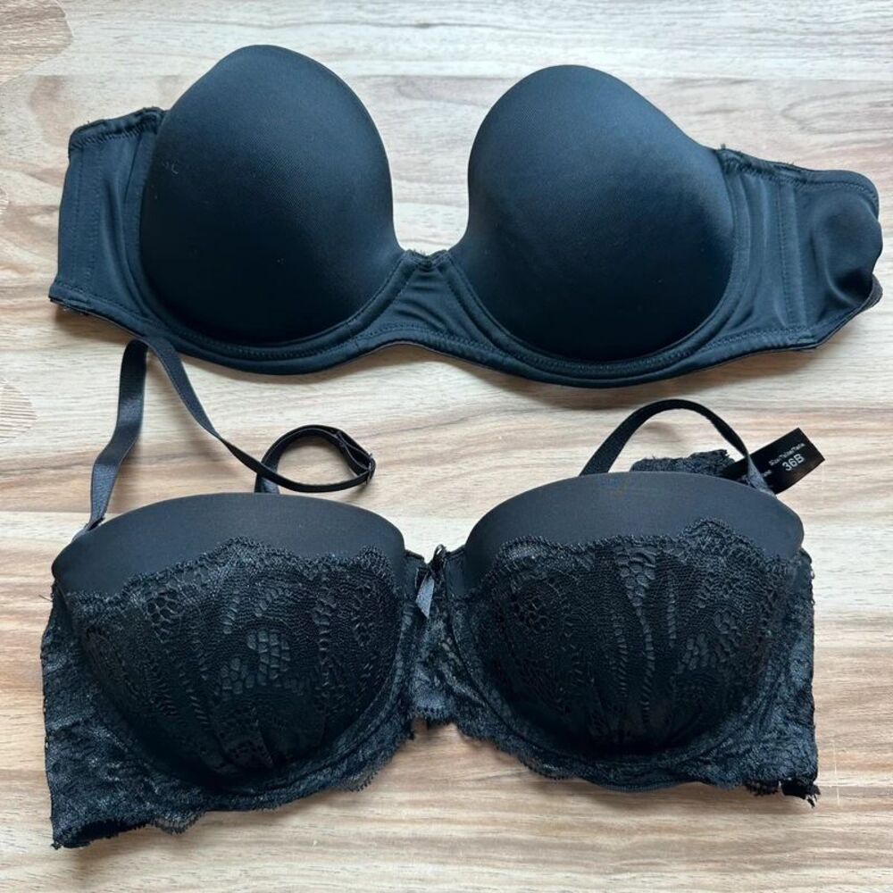 Lot of 2 Women’s Bras 36B Ellen Tracy Black Strapless Lace Padded Underwire